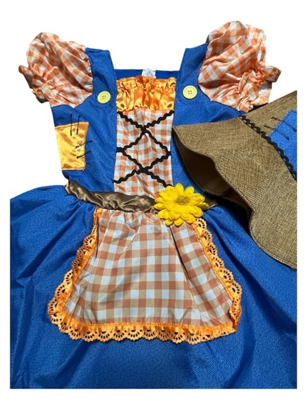 Blue and Orange Girls Scarecrow Dress with Sunflower Accent